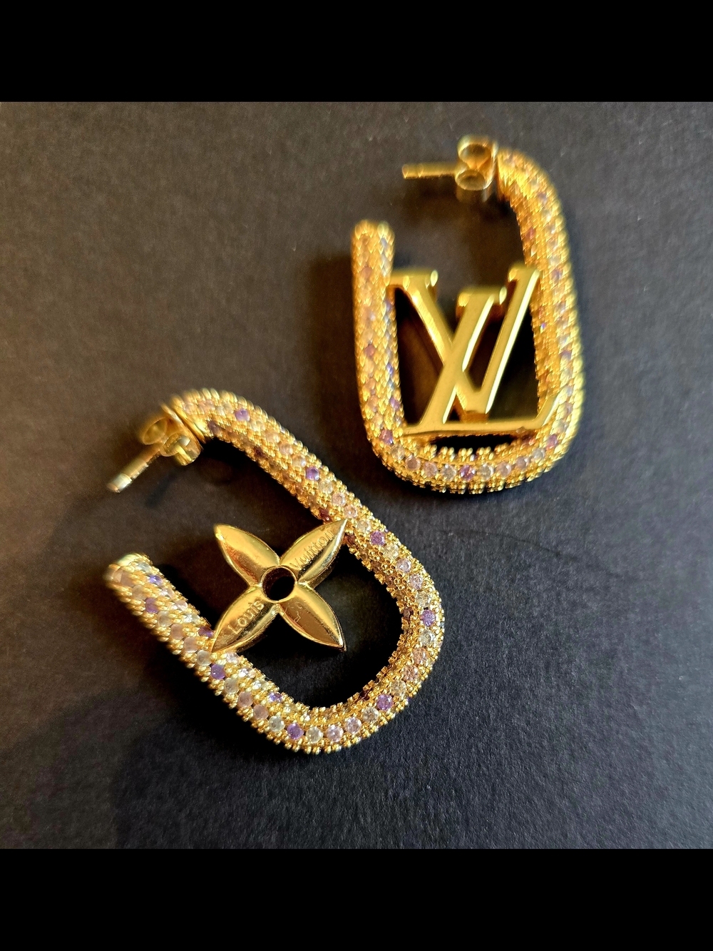 Gold And Rhinestone Floral Rectangular Logo Hoop Earrings - Picture 2 of 6